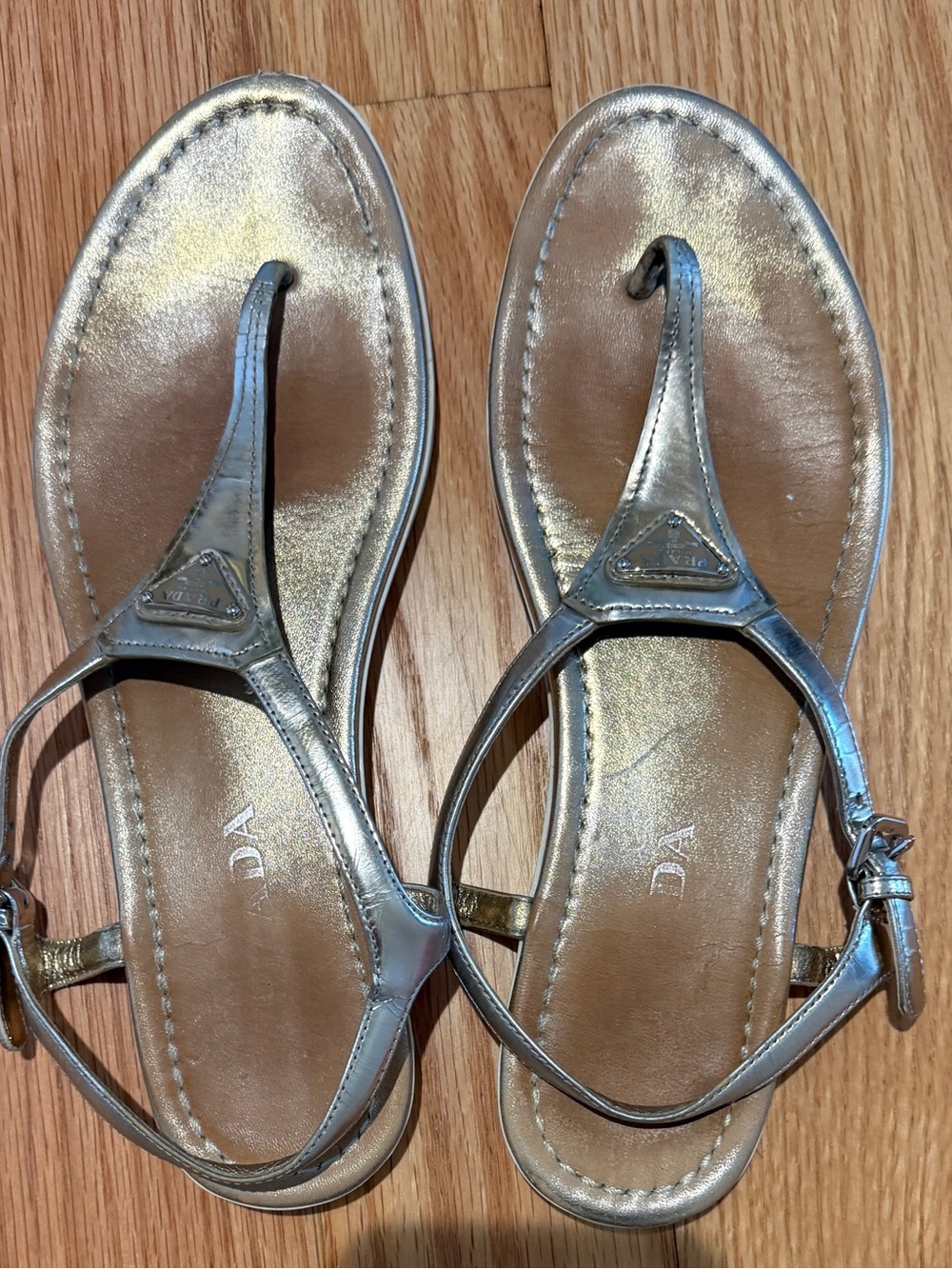 Prada Metallic Gold Women's T-Strap Sandals